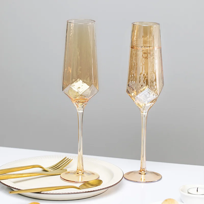 Light Luxury Gold Amber Champagne Goblet Wine Glasses Nordic Colored Home Lead-free Crystal Glass Hammered Diamond Whisky Cup whiskey glass glass drinkware