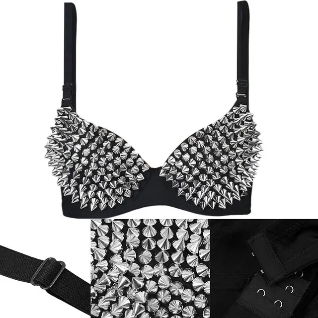 Sous-vêtements sexy en dentelle punk, soutien-gorge en métal à rivets scintillants tendance avec armatures pour femmes, soutien-gorge chaud pour boîte de nuit, fête, bar 1