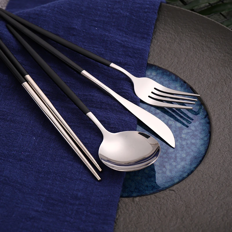 Cutlery Set 12-16 Pcs Korean Dinnerware Black Gold Cutlery Chopsticks Knife Fork Spoon Golden Stainless Steel Luxury Tableware