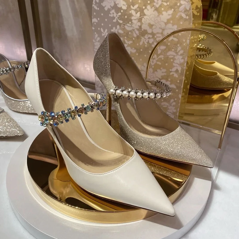 

Crystal Strap Pearl Female Pumps Pointed Head Sandals Summer Cover Heel Stiletto Glitter Shoes Women Party Zapatos Mujer