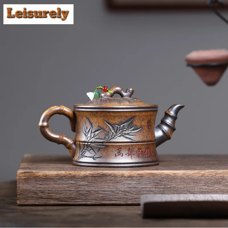 430ml Handmade Yixing Purple Clay Teapots Handmade Bamboo Pot Raw Ore Wood-fired Porcelain Mud Kettle With Filter Zisha Tea Set