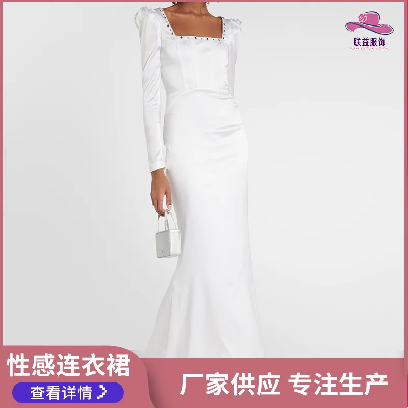 

White Long Sleeve Orthographic Collar Fishbone Bandage Skirt, Elastic Fashion, European and American Temperament Clothing