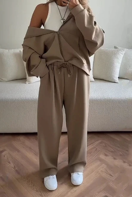 

Two Piece Set Women Outfit 2023 Autumn Fashion Hooded Zipper Cardigan Top Jacket & Drawstring Wide Leg Trouser Casual Pants Set