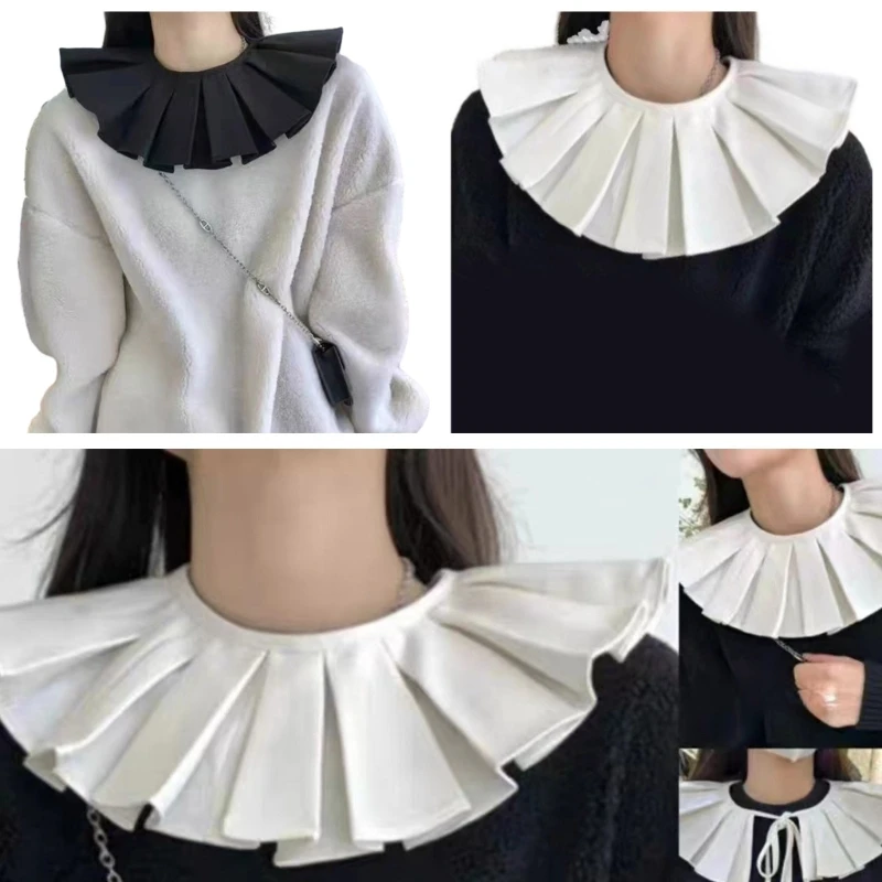 

Women Decorative Detachable Fake Collar Elegant Sweet Pleated Ruffle Solid Color Shawl Wrap Scarf Lace-Up Capelet Shrugs
