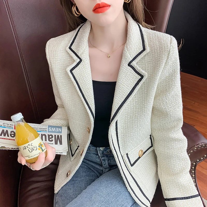 Black And White Contrast Color Notched Cropped Blazer Women Small Fragrant Tweed Temperment Slim Suit Outwear q06