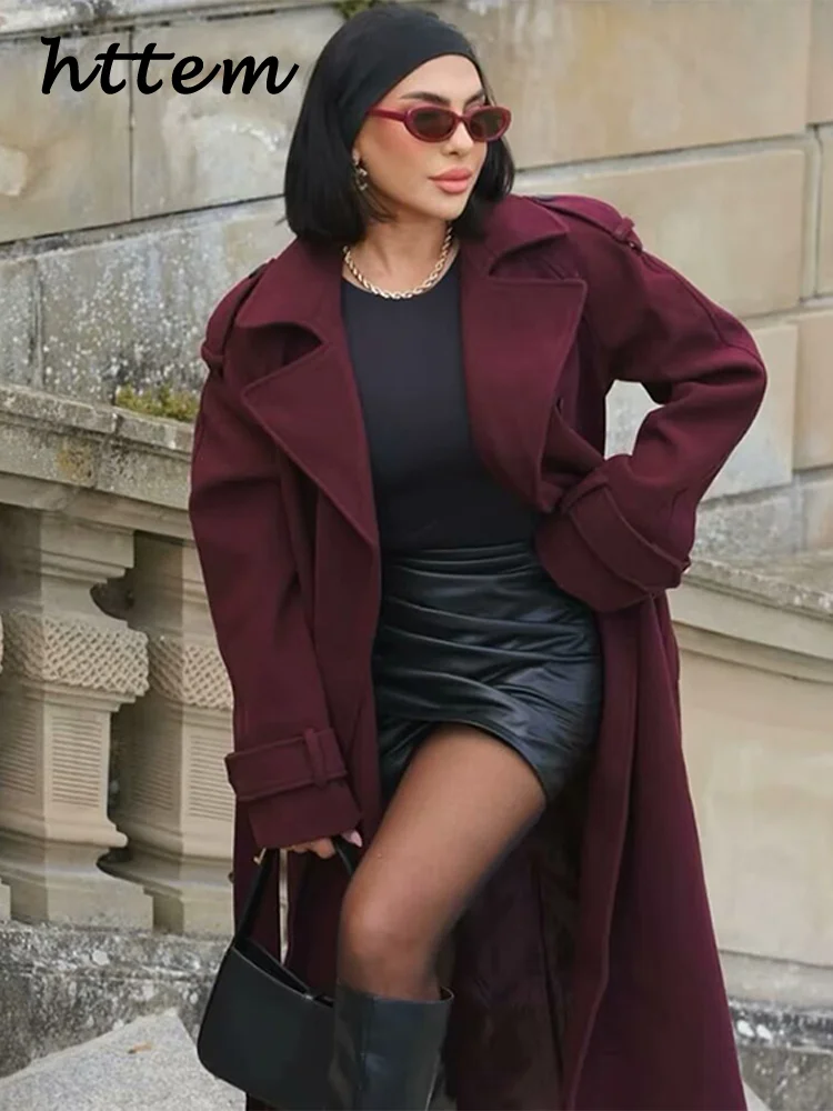 Street Women's Burgundy Woolen Overcoat With Belt Vintage Lapel Double Breasted Long Coat 2024 Autumn Winter Lady Chic Outwear 5