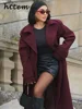 Street Women's Burgundy Woolen Overcoat With Belt Vintage Lapel Double Breasted Long Coat 2024 Autumn Winter Lady Chic Outwear 5