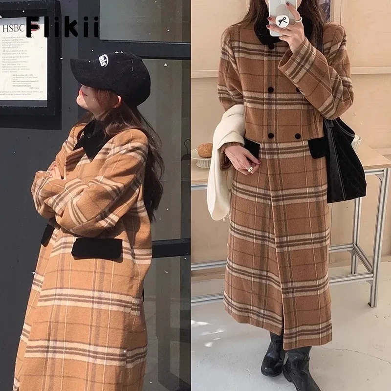 

Vintage Sweet Long Sleeve Plaid Print Loose Fit Midi Dresses 2023 Winter Women Elegant Casual Turn Down Collar Chic Dress