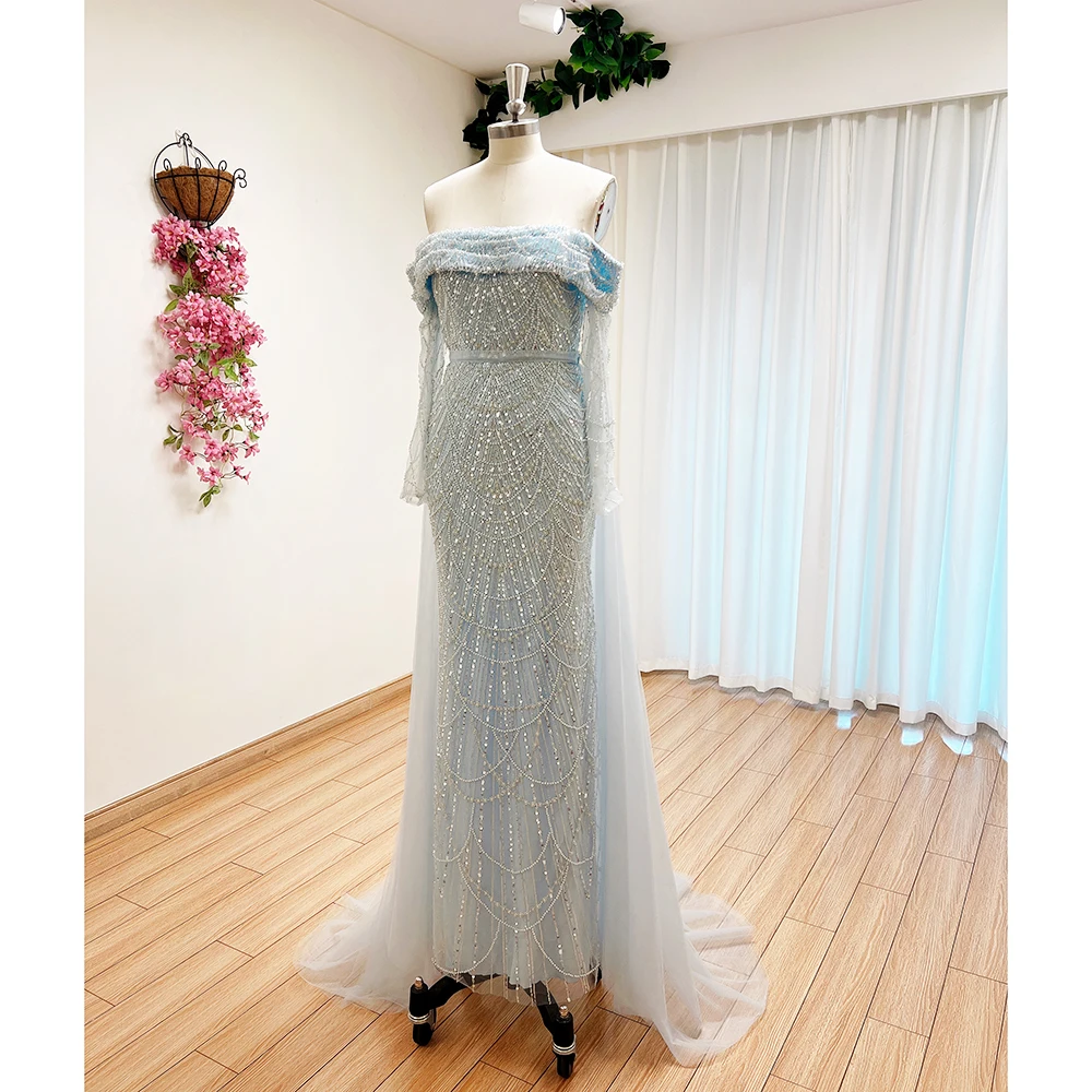 S14bc08ade9664e48a5130fb8ec42449ea Elegant Sky Blue Mermaid Pearls Evening Dress for Women Long Sleeves with Detachable Train Formal Prom Wedding Party Gowns Mallzona