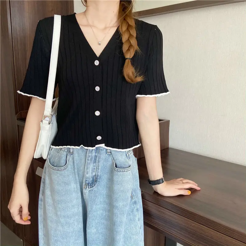 

Women Lady Black Tank KnittedTops Female Solid Short Sleeve Slim Top Girl T-shirt Casual Tank Short Tops Summer Clothes Cloth