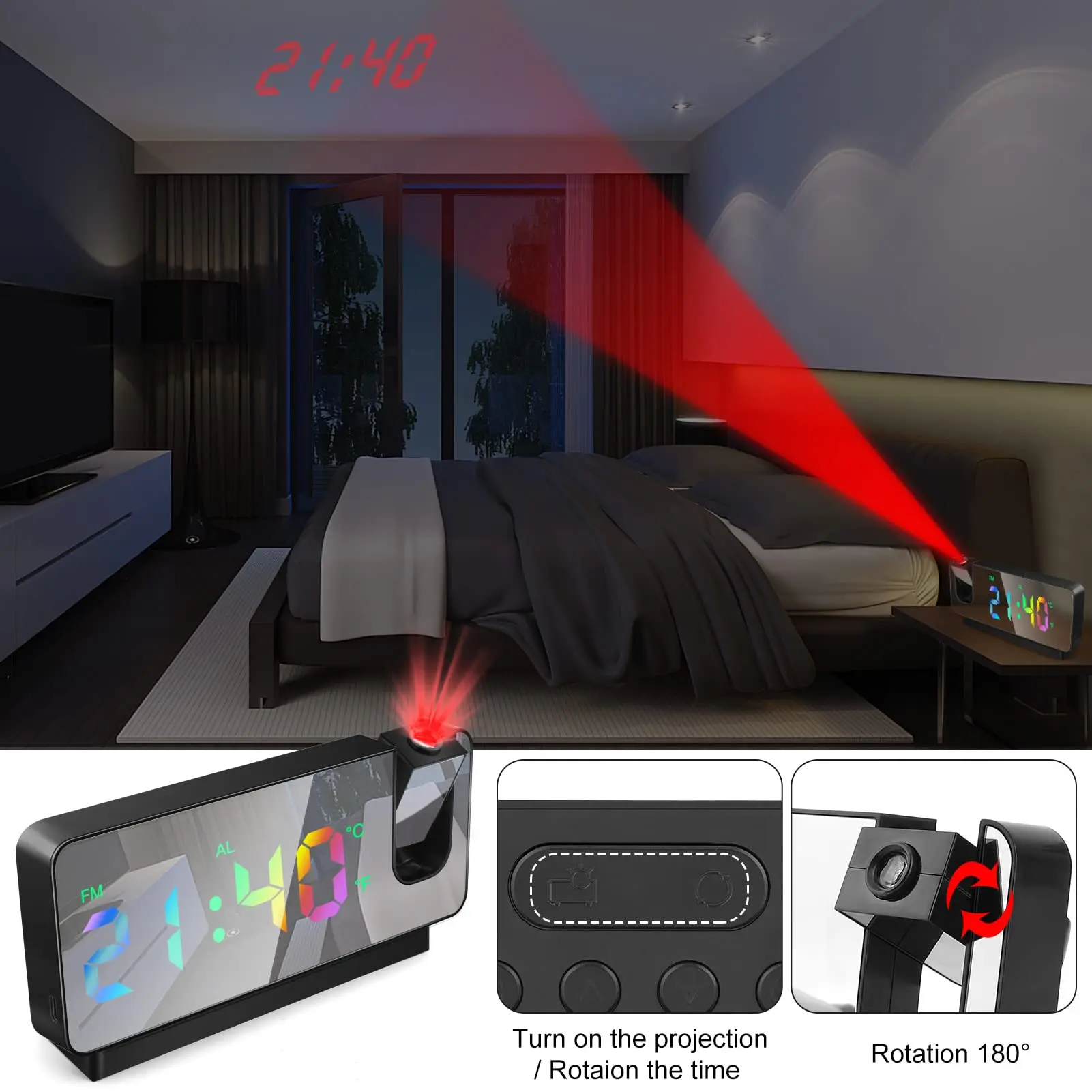Colorful Digital Projection Alarm Clock With Projection On Ceiling, 180
