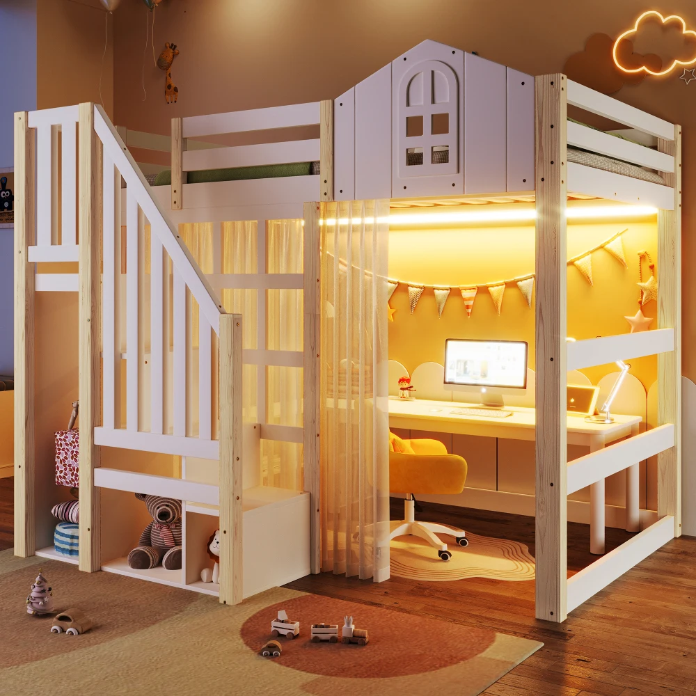 90x200cm Kinderzimmer-Hochbett, mit LED-Leuchten und Gaze, Fensterform, offenes Aufbewahrungsfach, Weiß + Natur (ohne Matratze) – Detail 30