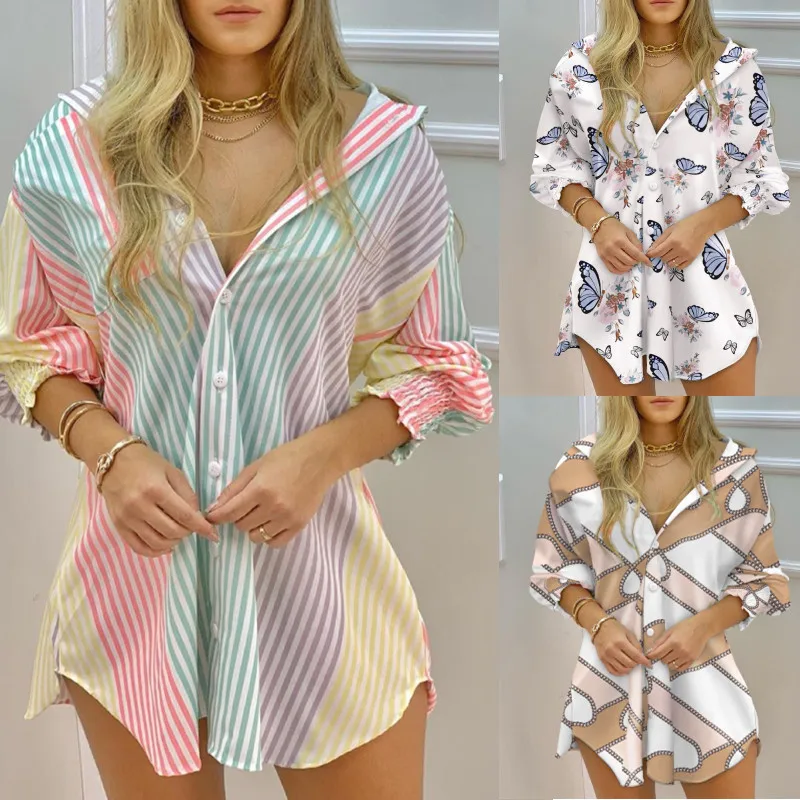 

Butterfly Print White Shirt Dress Women 2023 Autumn Fashion V-neck Button Top Woman Rainbow Stripe Long Sleeve Irregular Blouse