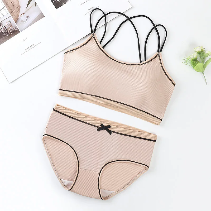 Cotton Girls Bra Panty Sets Teenage Girls Cotton Padded Training Bra + Panties Kids Sports Panties Underwear