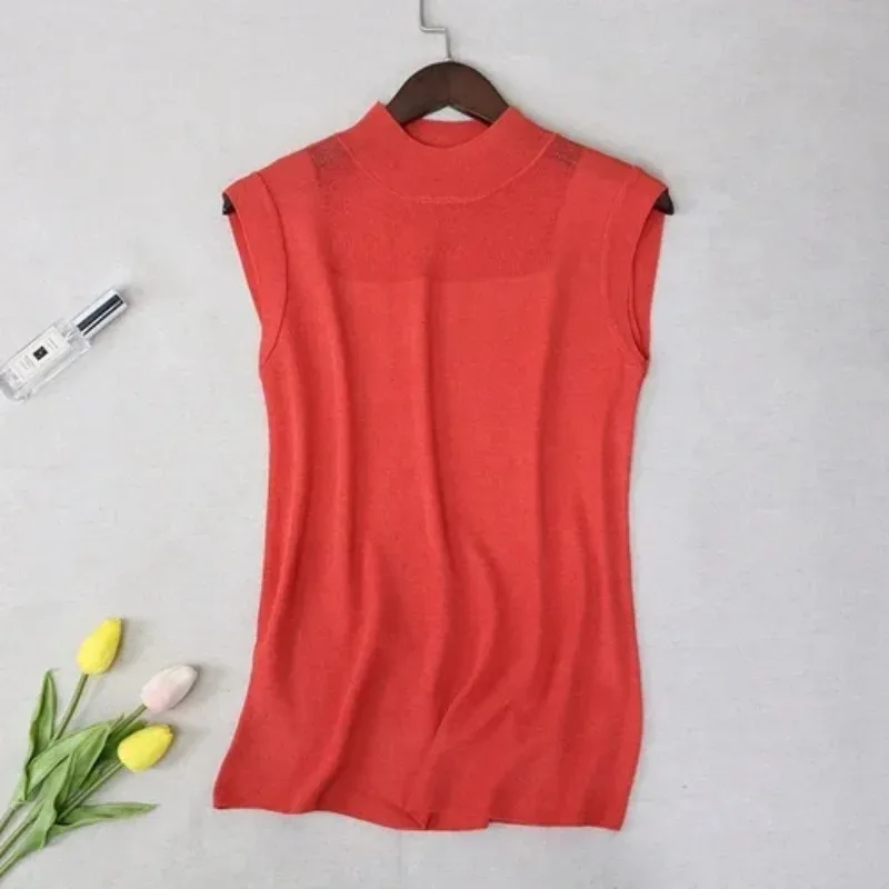 Women's Sleeveless Knitted Vest, Casual Tank Tops, Solid Color, Ice Silk Vests, Sexy Fashion, Summer New, 2922