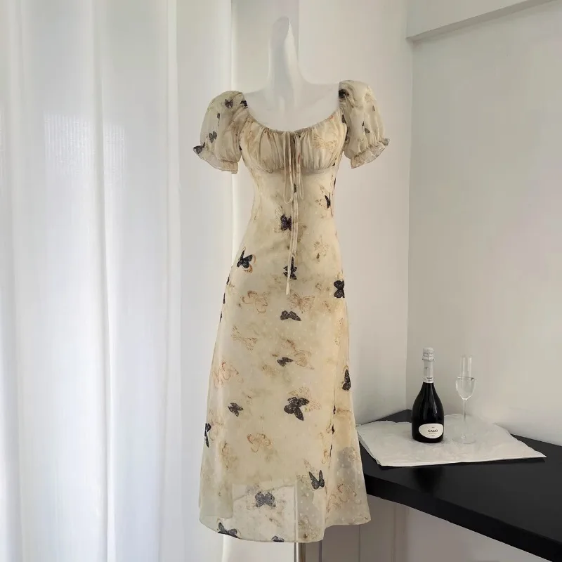 

French Style Dresses Printed Bubble Sleeve Summer Dress for Women