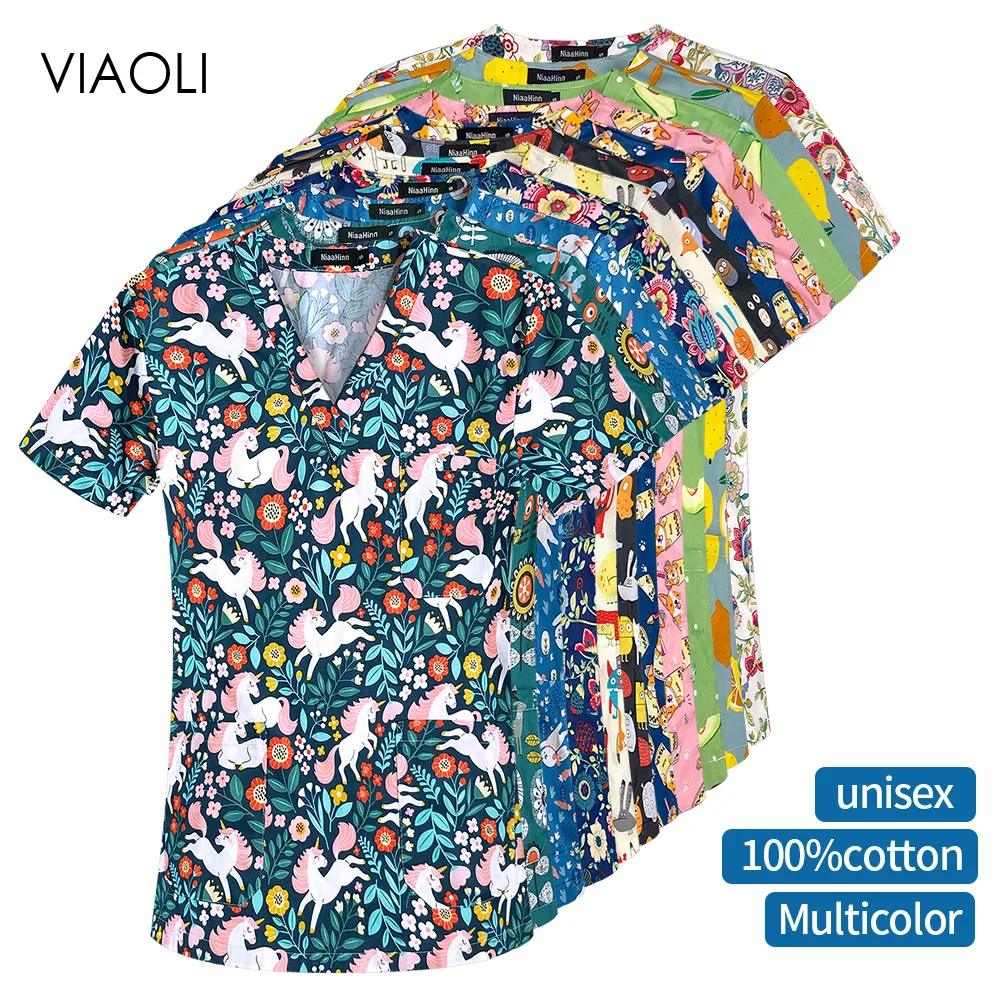 Animal Printing Surgery Clothes Cotton Medical Clothing Medical Scrubs Dental Nursing Uniform Surgical Shirts for Women and Men nurse scrubs top nurse uniform suits nurse uniform dress