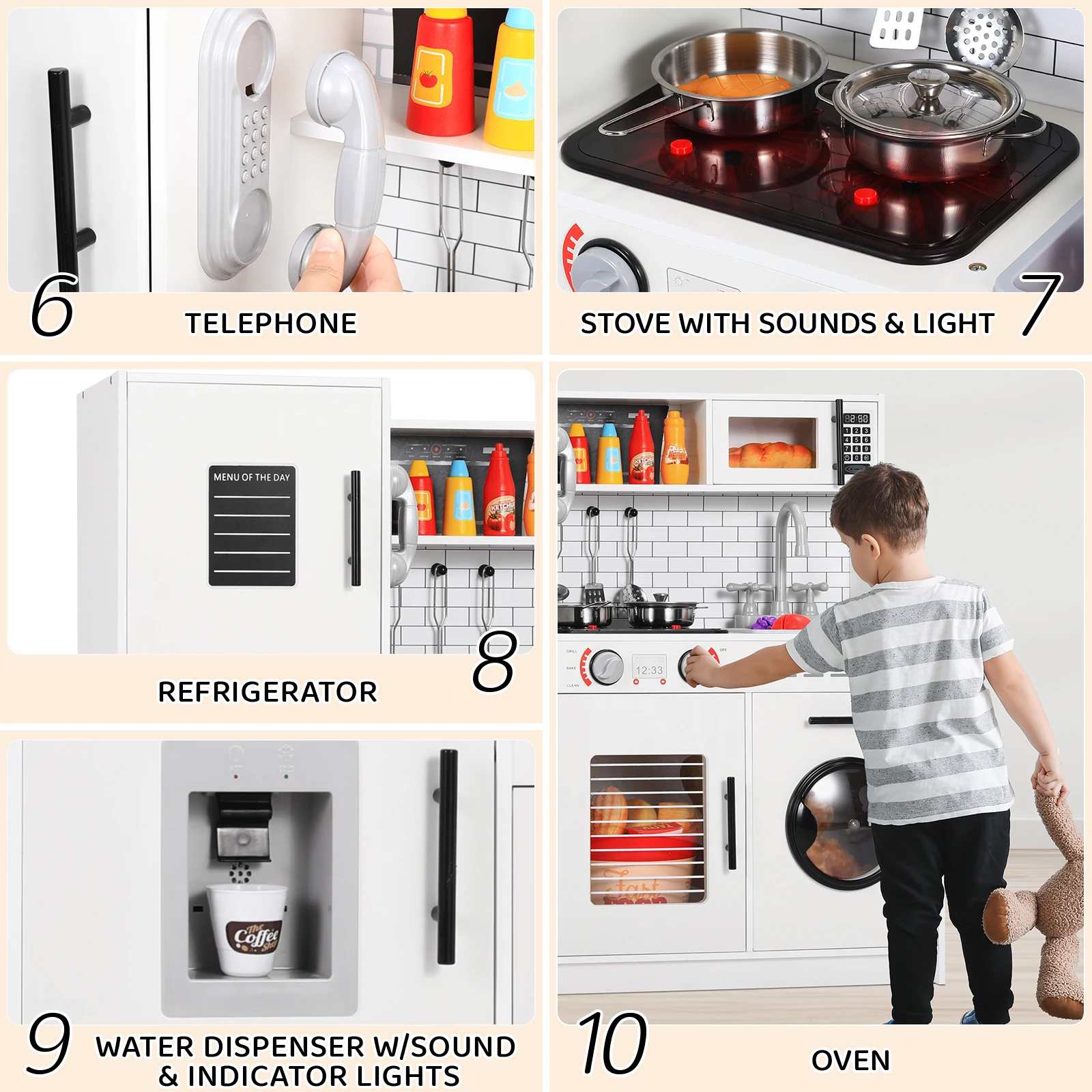 Wooden Kitchen Kids Pretend Play Kitchen Set Cooking Toys with Simulated Light and Sound Effects, Food,Cookware for Children - Image 4