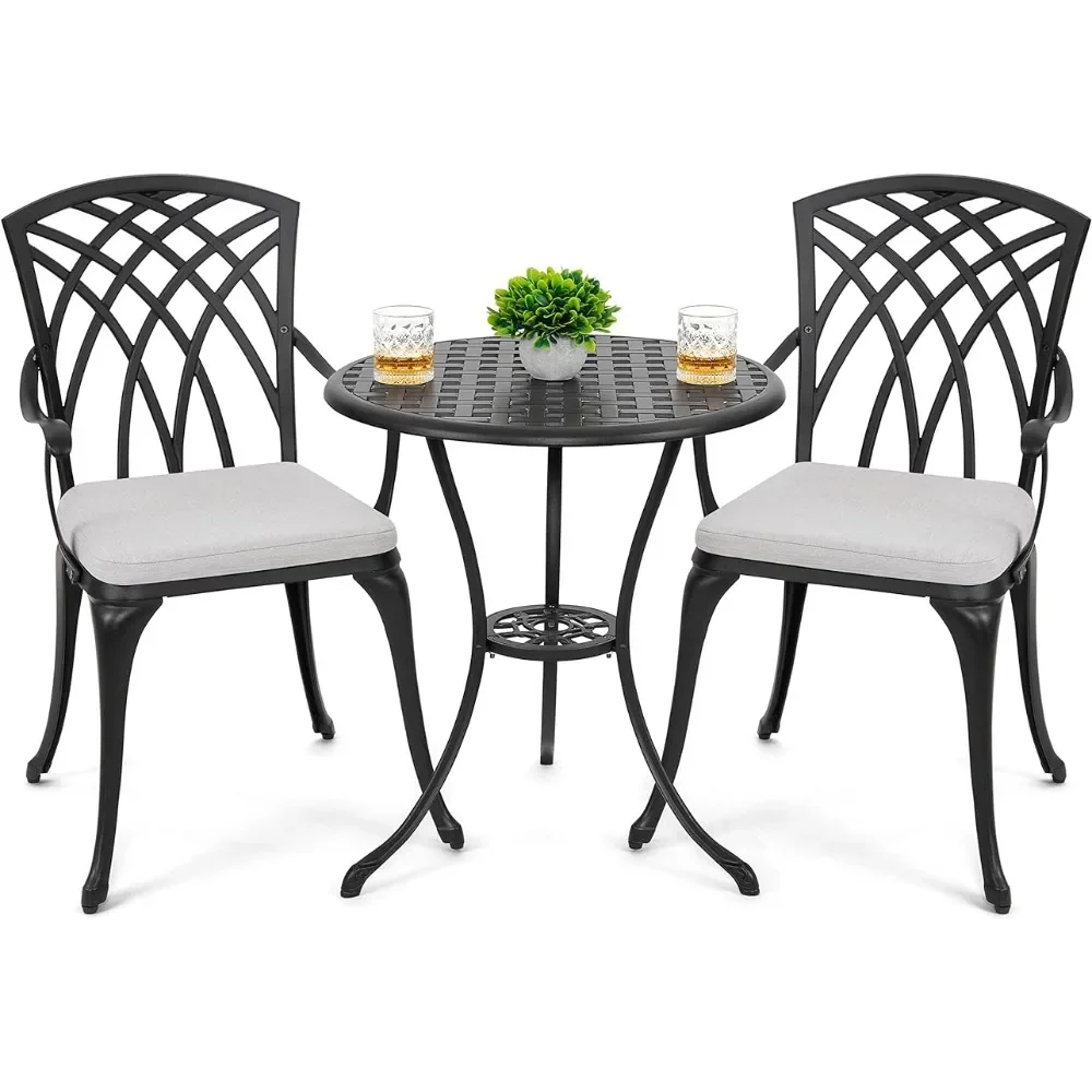 

3 Piece Bistro Table Set Cast Aluminum Outdoor Patio Furniture With Umbrella Hole and Grey Cushions for Patio Balcony Black