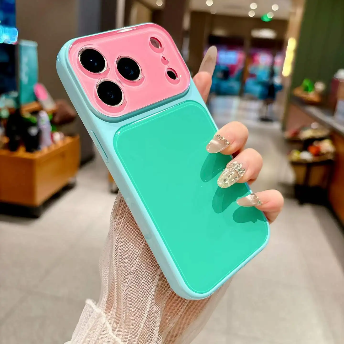 Dopamine Color Block Yellow-Green Lens Glass Back Shockproof Phone Case