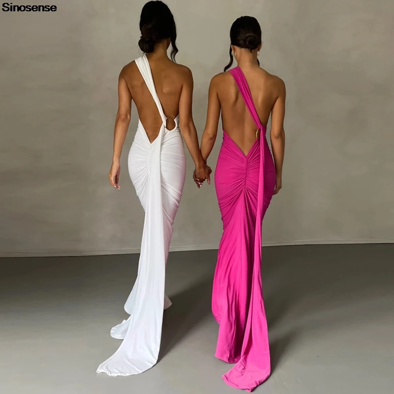 Womens Elegant Evening Party Cocktail Long Dress Sexy Backless Open Back Ruched Slim Bodycon Formal Wedding Guest Maxi Dress - 3