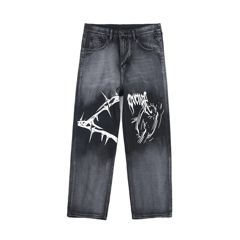

Pop Trendy Brand All-match Hong Kong Style Graffiti Gradient Printing Jeans Teen Jeans Loose Straight-leg Casual Pants