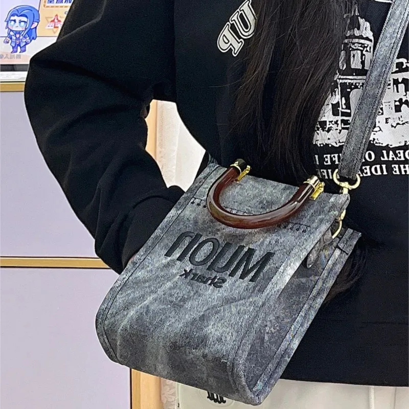 Fashion Embroidered Letter Handbag Women Denim Stitching Large Capacity Shoulder Bag Ladies Trendy Versatile Crossbody Bag 2025