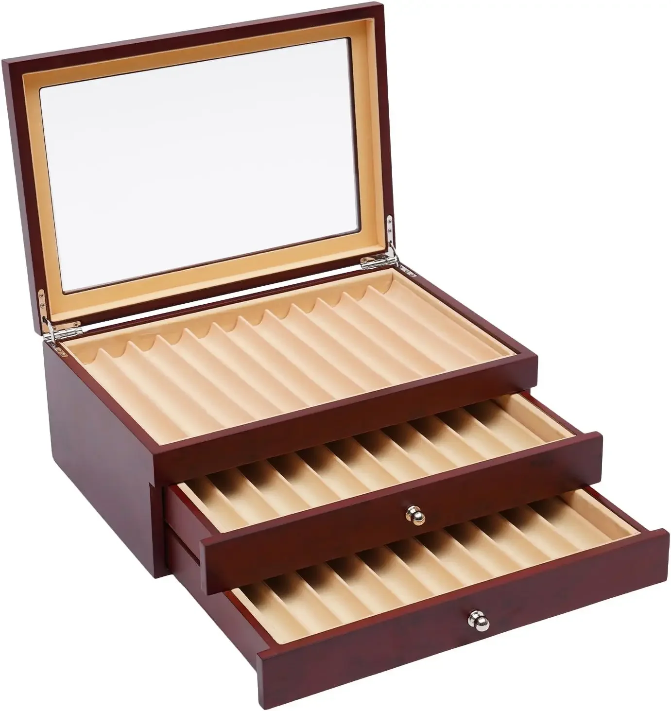34 Stift-Organizer-Box, 3-lagige Stift-Display-Box aus Holz, Stift-Display-Aufbewahrung und Füllfederhalter-Organizer-Box mit Glasfenster – Detail 3