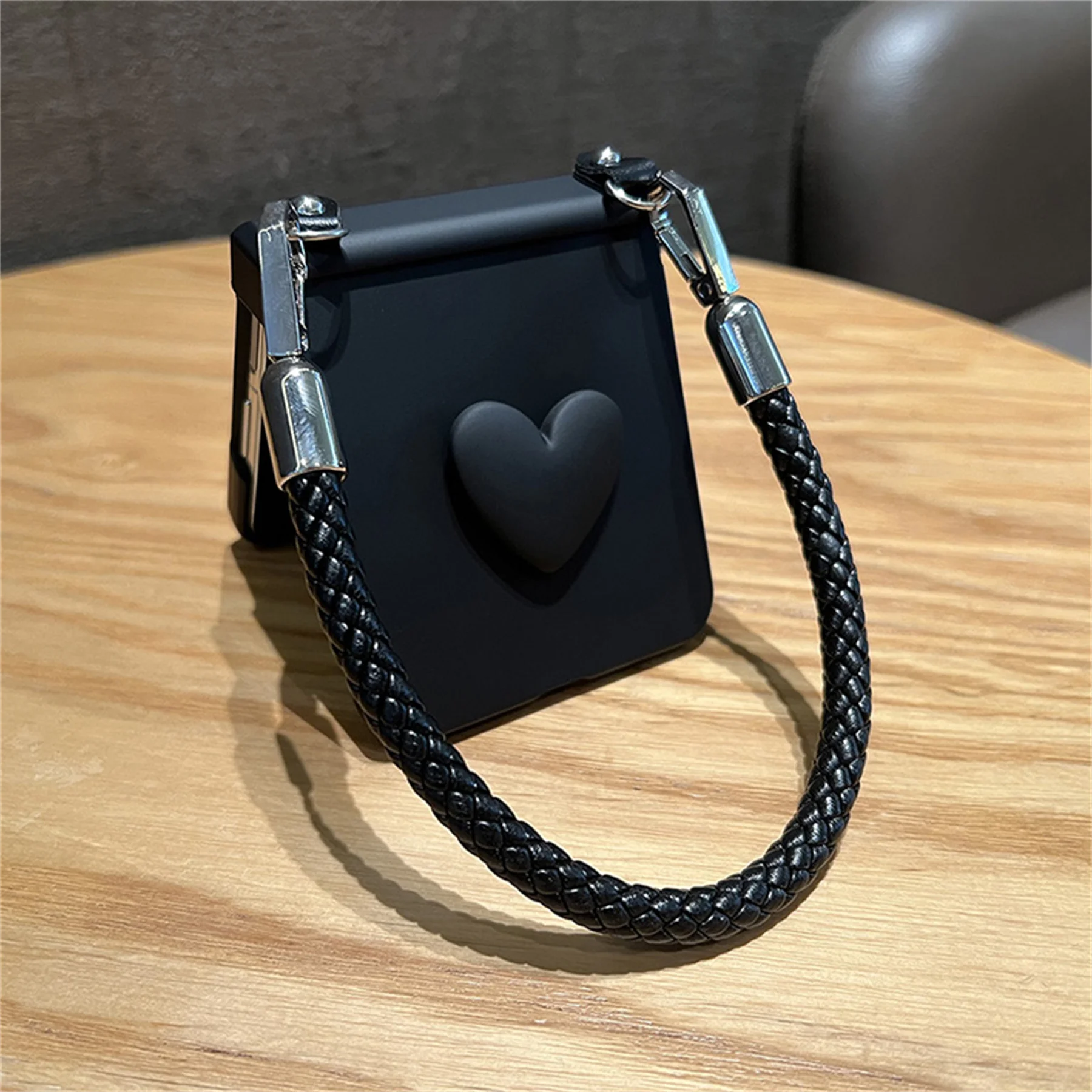Luxury Black Phone Case with Weave Bracelet and Heart Design - Shockproof Back Cover