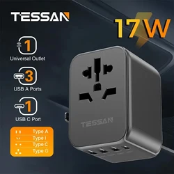Global Travel Power Adapter with USB and Type C Ports - 17W Black 3U1C