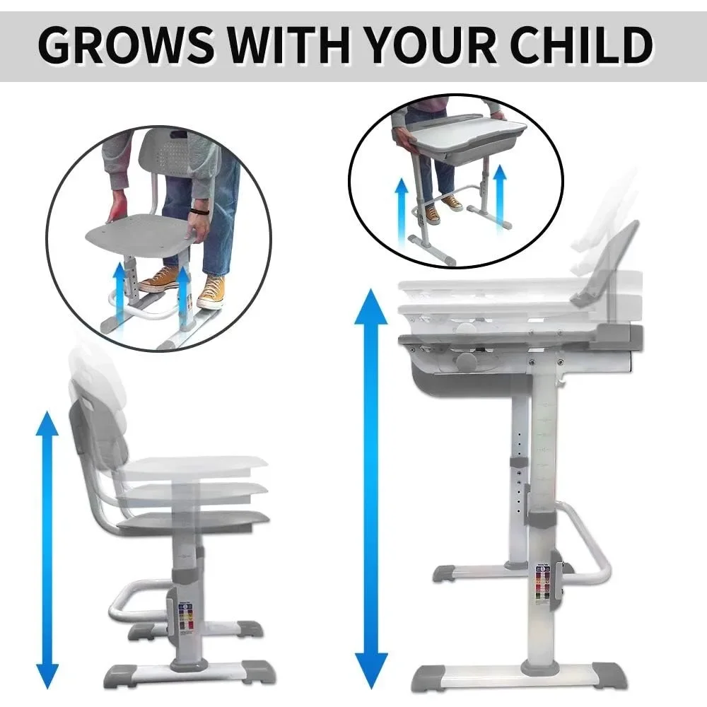 Kids Desk and Chair Set, Children School Study Desk with Tilt Desktop, Bookstand, LED Lamp, for Boys Girls, (Grey) 3