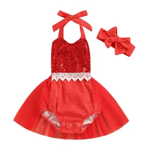 

Baby Girls Clothing Outfit Sweet Style Dot Heart Pattern Sequins Mesh Splicing Sleeveless Hanging Neck Jumpsuit Bow Headwear