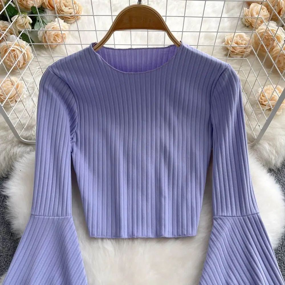 Hotsweet Elegance Casual Fashion Flared Sleeve Long Sleeve Crop Top Slim T-shirt And Blouses Autumn Y2k Clothes For Woman Basics