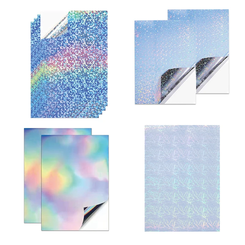 20 Sheets Holographic Stickers Paper Printable Vinyl Sticker Paper 4 Styles Mixed Rainbow Self-Adhesive Paper For Inkjet/Laser Printers