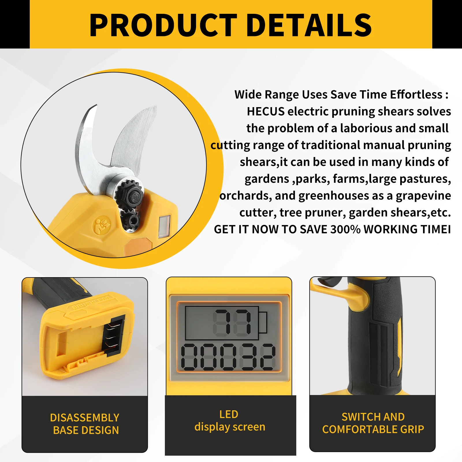 슈퍼팬 배터리 전정가위, 미끄럼 방지 손잡이, 120회/분 속도의 나무 전정용, 디월트 20V 배터리 핀용