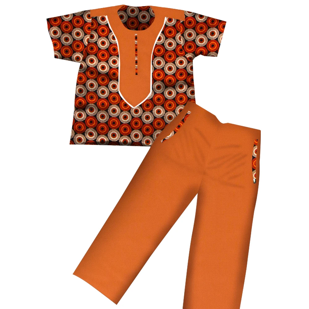 Boys Clothes African Dashiki Kids Clothing Short Sleeves Plus Solid Color Long Pant for Children Top Pants Suits WYT116