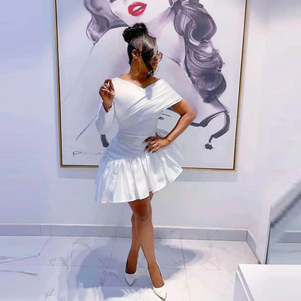 Draped One Shoulder Party Gowns Asymmetrical Cocktail Dress One Shoulder Long Sleeves Black Girls Prom Gowns