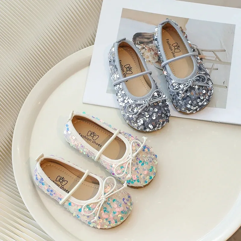 Girls' Shoes 2025 Spring New Fashion Little Girl Sequin Princess Shoes Soft Sole Girls' Shallow Mouth Single Shoes Breathable - 6