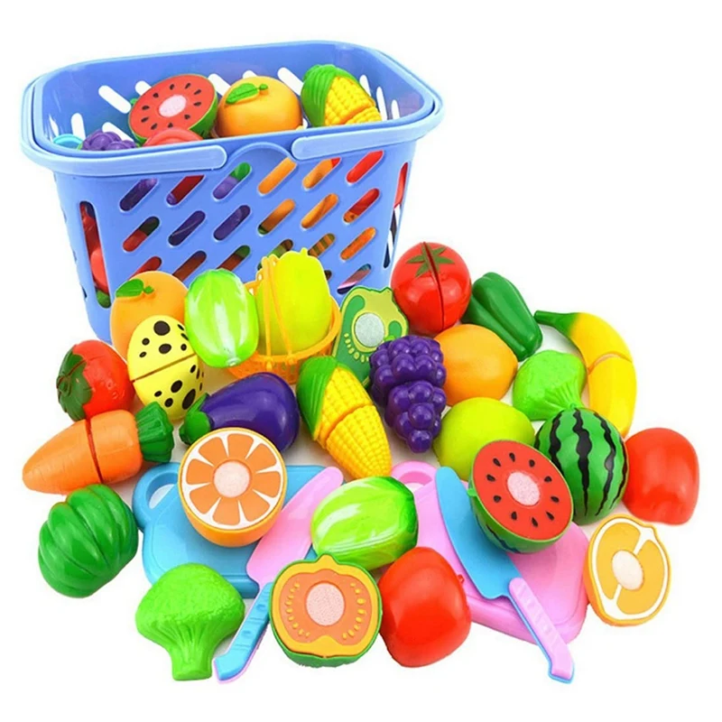 

23 Pcs Simulation Kitchen Cut Fruit Toy Set, Play House Set with Storage Basket for Children's Role-Playing Games