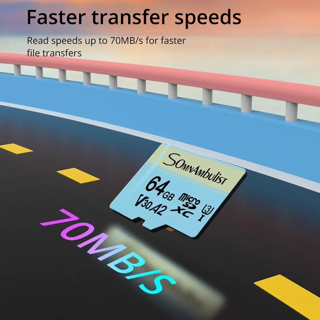 SomnAmbulist 휴대 전화 컴퓨터용 마이크로 SD 카드, 드론 감시 장치 카메라, 64GB A2 메모리 카드, Class10 U3 4K, 64GB
