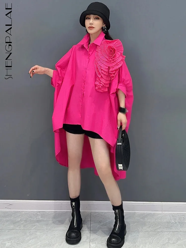 

SHENGPALAE 2024 Summer New Long Shirt Irregular Feeling Bat Sleeve 3D Flower Fashion Loose Covering Meat Women's Clothes 5R9750