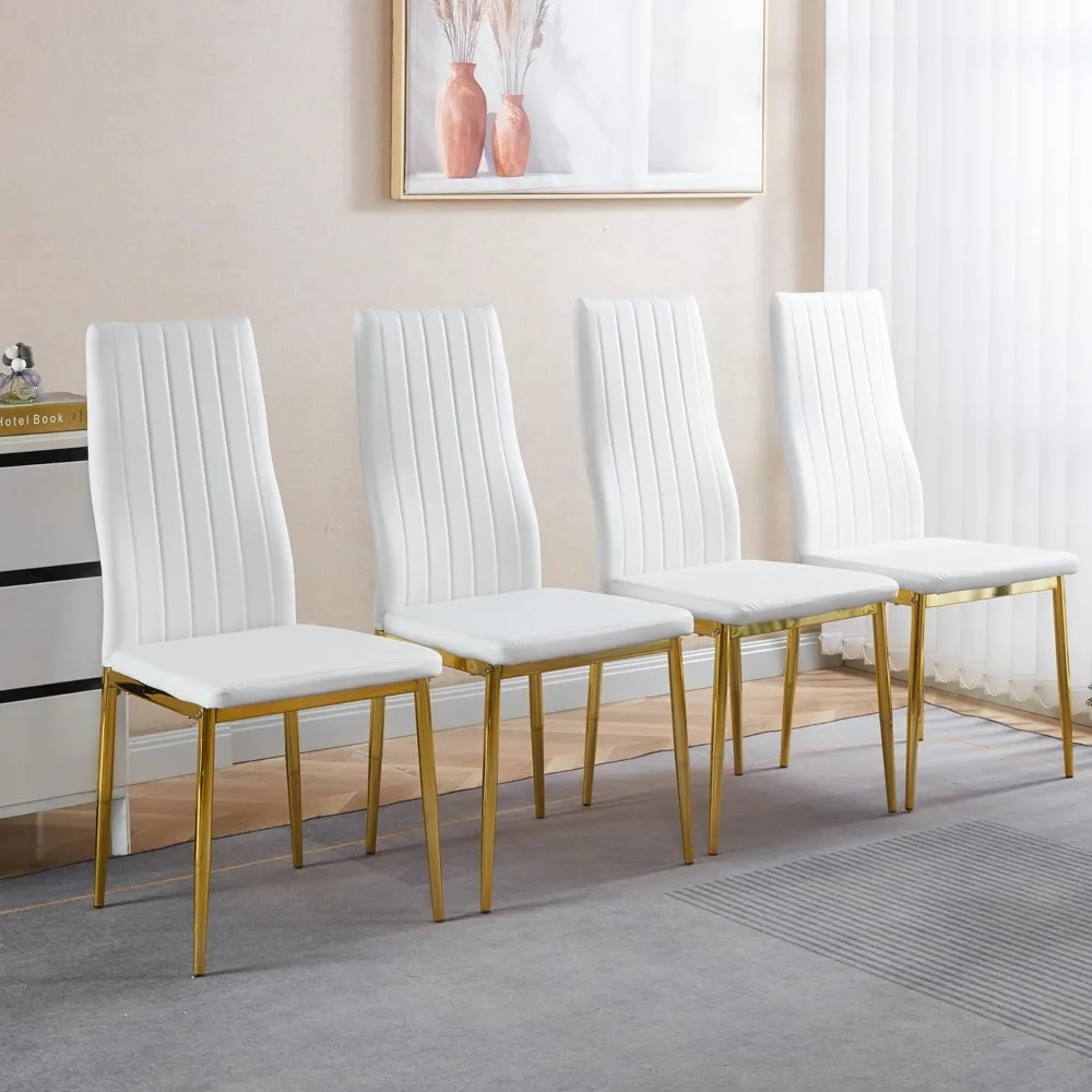 Modern PU Leather Dining Chairs Set of 4 with Gold Metal Legs, High Back Comfort for Kitchen