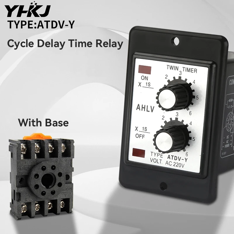 ATDV-Y Dual Time Relay Adjustable Repeat Cycle Timer 220V with Socket Base Multiple Time Settings from 3 Seconds to 60 Minutes ON OFF Control