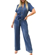 

Women's Jumpsuit 2022 Women's Blue Denim Mid-Sleeve Jumpsuit Elegant Long Women's One Piece Wide Leg Pants with Belt