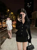 Pure Desire Spicy Girl Knitted Open Cardigan Long Sve Hollow out Bla Top for Autumn Women's Faion Retro Sle Slim Fit