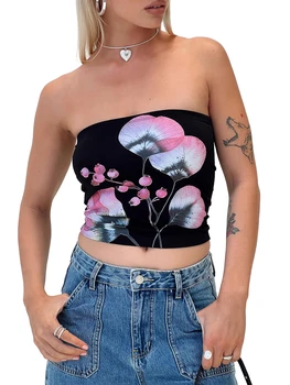 Women's Summer Tube Tops Floral Pattern Bandeau Show Navel Crop Corset Vest 1