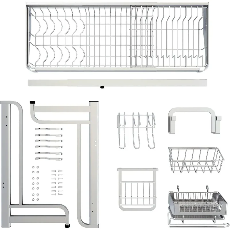 Large Over Sink Dish Rack: Full Stainless Steel Dish Drying Rack Over The Sink Adjustable (25.6-37.6in) Width Kitchen Organizers