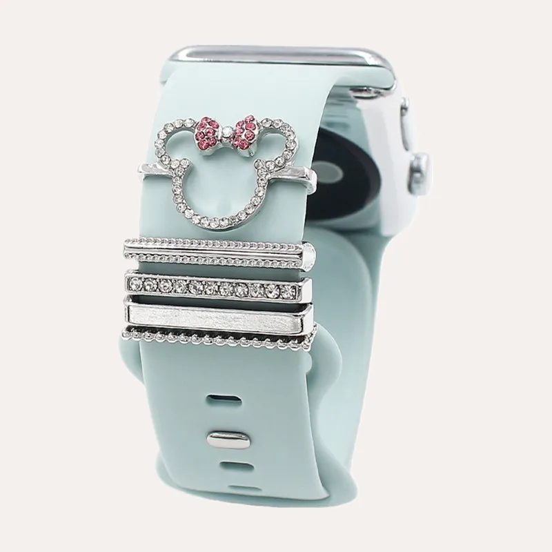 Watch Strap Charms 5pcs Cartoon Mouse Rhinestone Watchband Ring Loops Cute Metal Compatible With IWatch Series