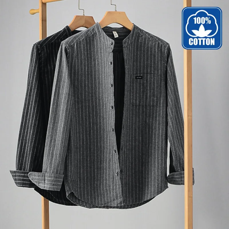 

Retro Mens Striped Shirts Cotton Heavy Worker American Styles Fashion Stand Collar Long Sleeve Tops Shirts For Male