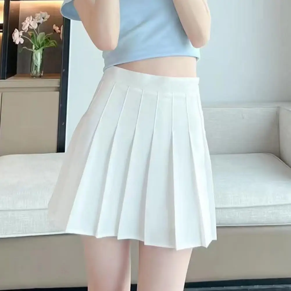 

High Waist Loose Hem Hidden Zipper Mini Skirt Solid Color A-Line Pleated Skirt Female Clothing